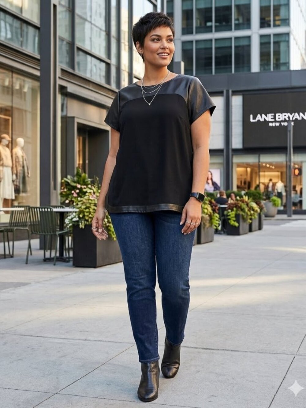Lane Bryant SZ 18-20 Black Faux Leather Short Sleeve Exposed Zip Back TunicTop
